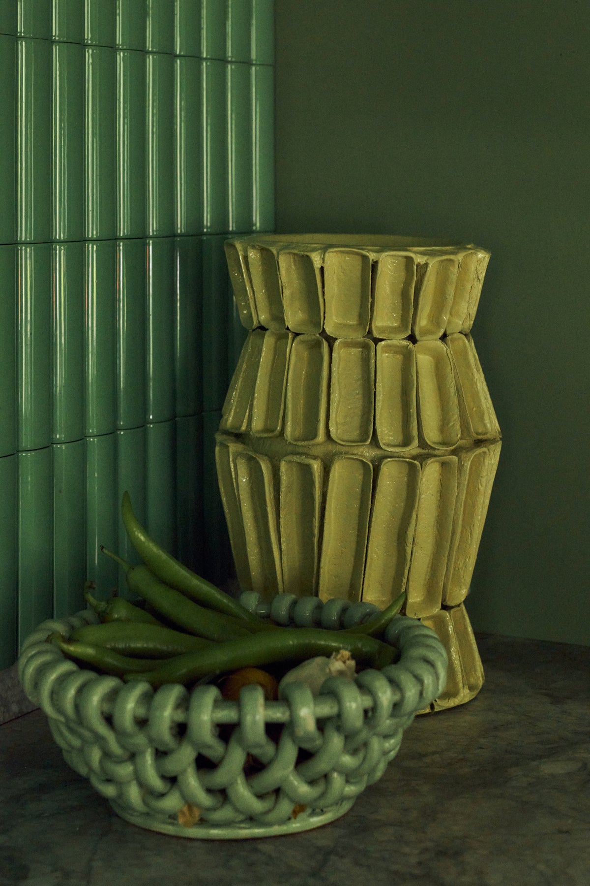 Ribbed cotton maché vase in yellow, lifestyle shot