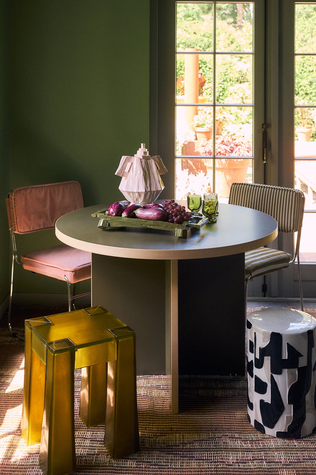 HKLIVING collection campaign styling featuring the Resin Stool in Vintage Yellow