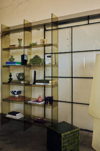 Lifestyle shot of the tall Olive Green Acrylic Cabinet by HKLIVING styled in a room setting