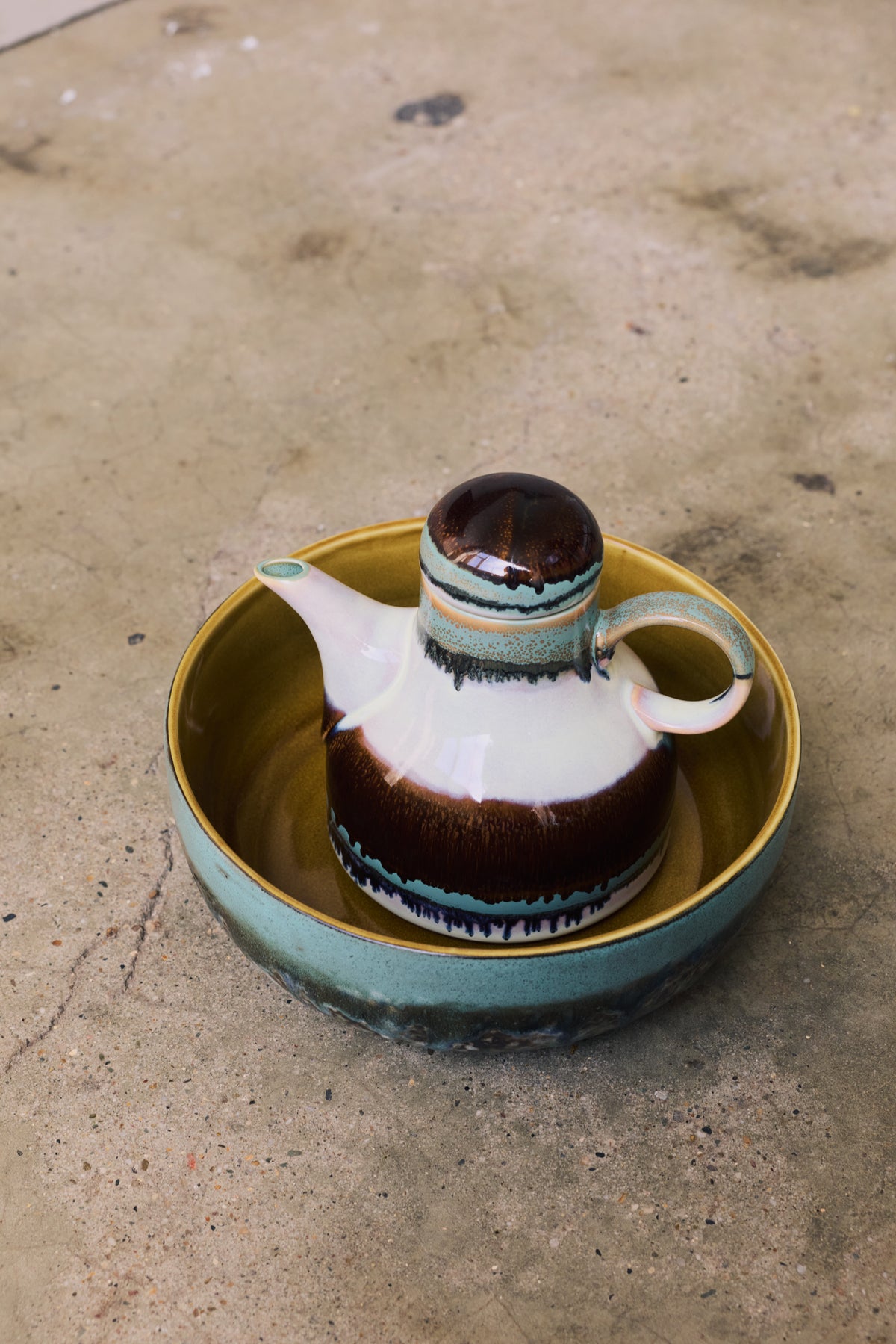 70s Ceramics Salad Bowl in Agave by HKLIVING styled on an open shelf