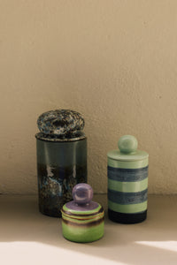 70s Ceramics Medium Storage Jar in River by HKLIVING styled on a kitchen shelf