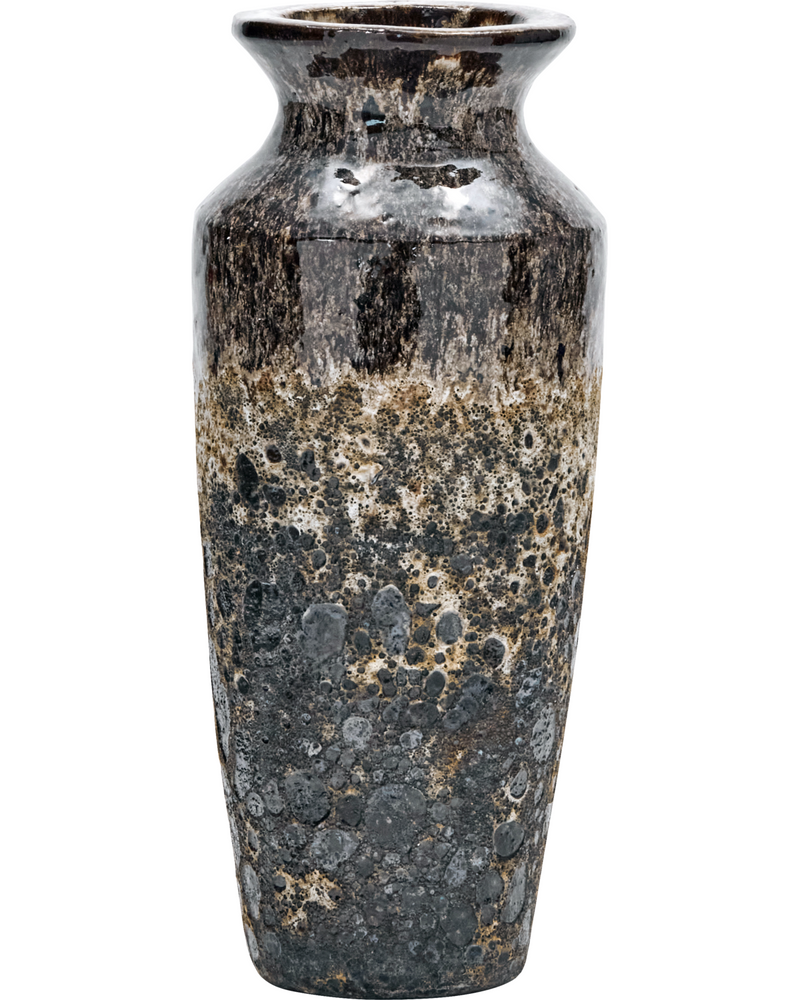 House Doctor Maya vase in antique brown, a tall earthenware vase with a mottled charcoal and brown reactive glaze, on a white background