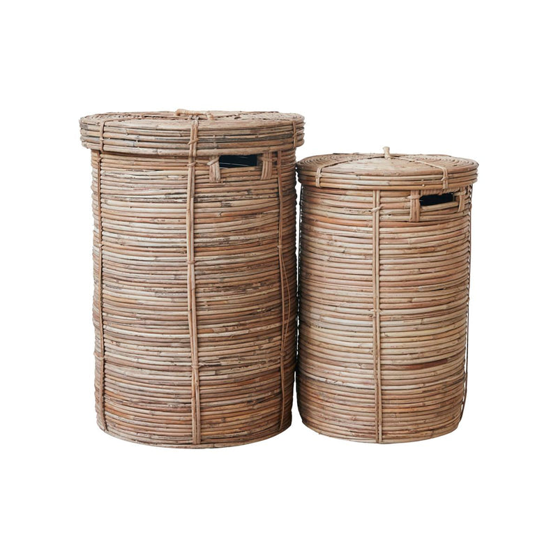 Two House Doctor Chaka natural woven laundry baskets with fitted lids, shown together on a white background in two sizes