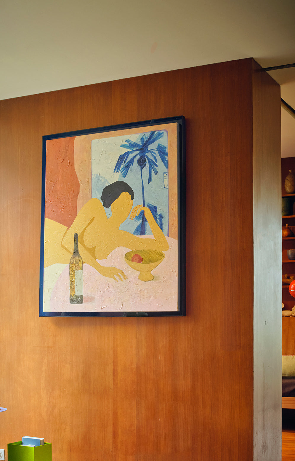 HKLIVING Catch My Drift framed artwork in a cobalt blue frame hung on a warm wood-panelled wall