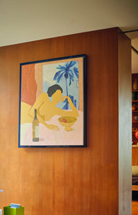 HKLIVING Catch My Drift framed artwork in a cobalt blue frame hung on a warm wood-panelled wall