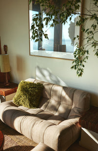 Olive green fluffy cushion styled in living room, textured wool blend sofa cushion by HKLIVING
