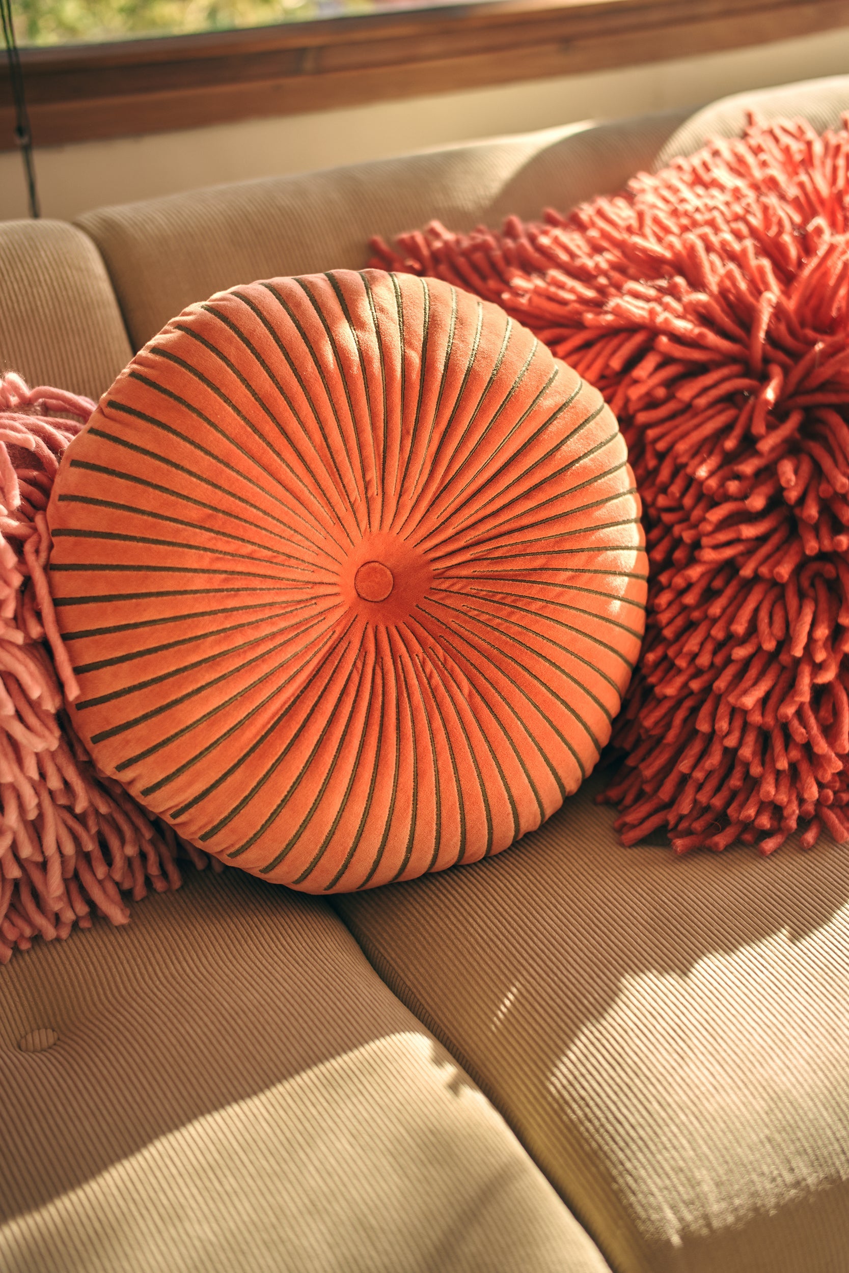 HKLIVING Round Cotton Velvet Ripple Cushion - Sienna Orange (50x12x50cm)