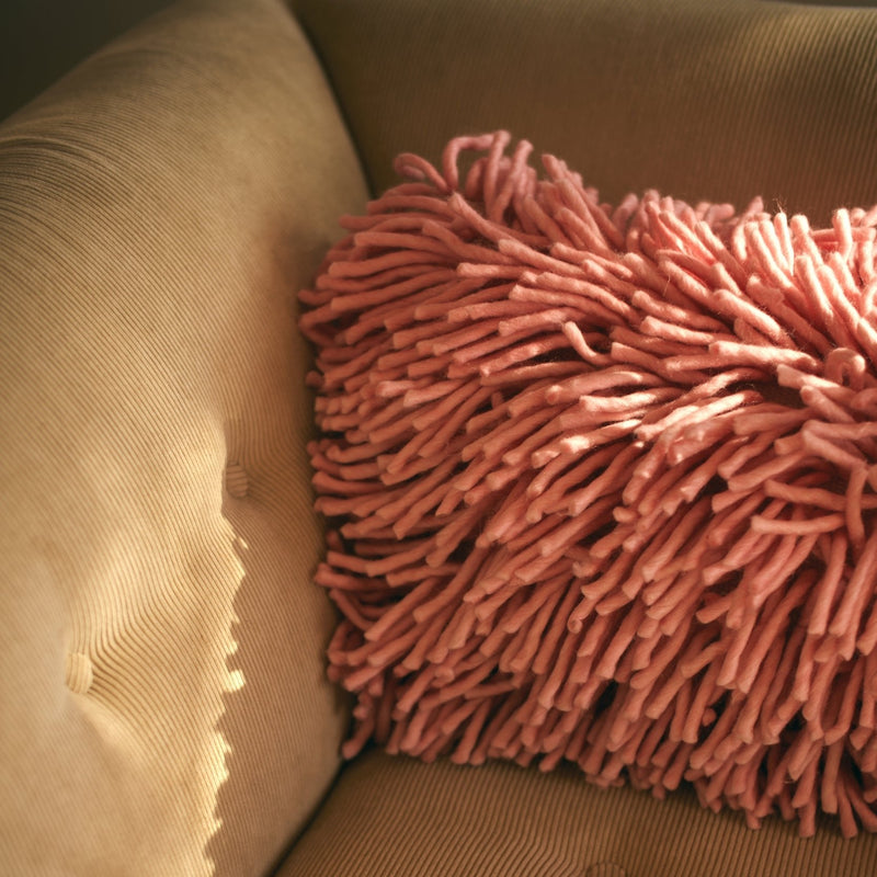 HKLIVING pink rugged woollen rectangular cushion 60x40cm, high pile shaggy texture, styled on sofa
