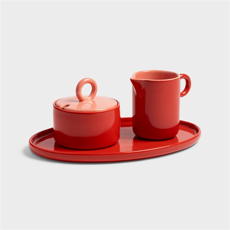 red chiquito sugar pot and milk jug by &k on matching tray for colourful breakfast styling