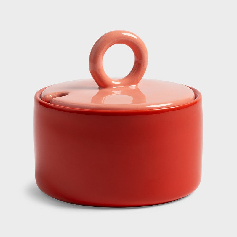 red chiquito stoneware sugar pot with loop handle lid by &k