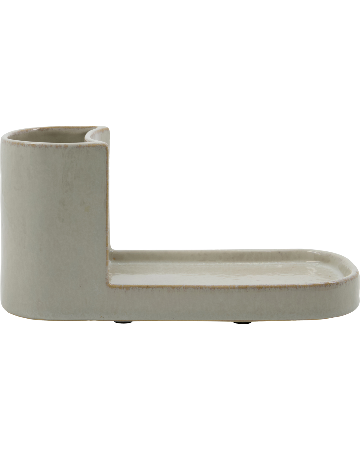 Meraki Datura brush and soap holder in shellish grey stoneware, an L-shaped stepped caddy shown on a white background