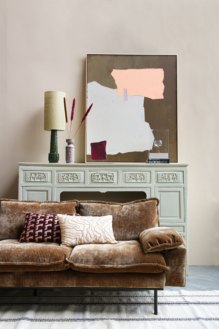 HKLIVING mustard and nude abstract painting leaning above a mint sideboard behind a brown leather sofa