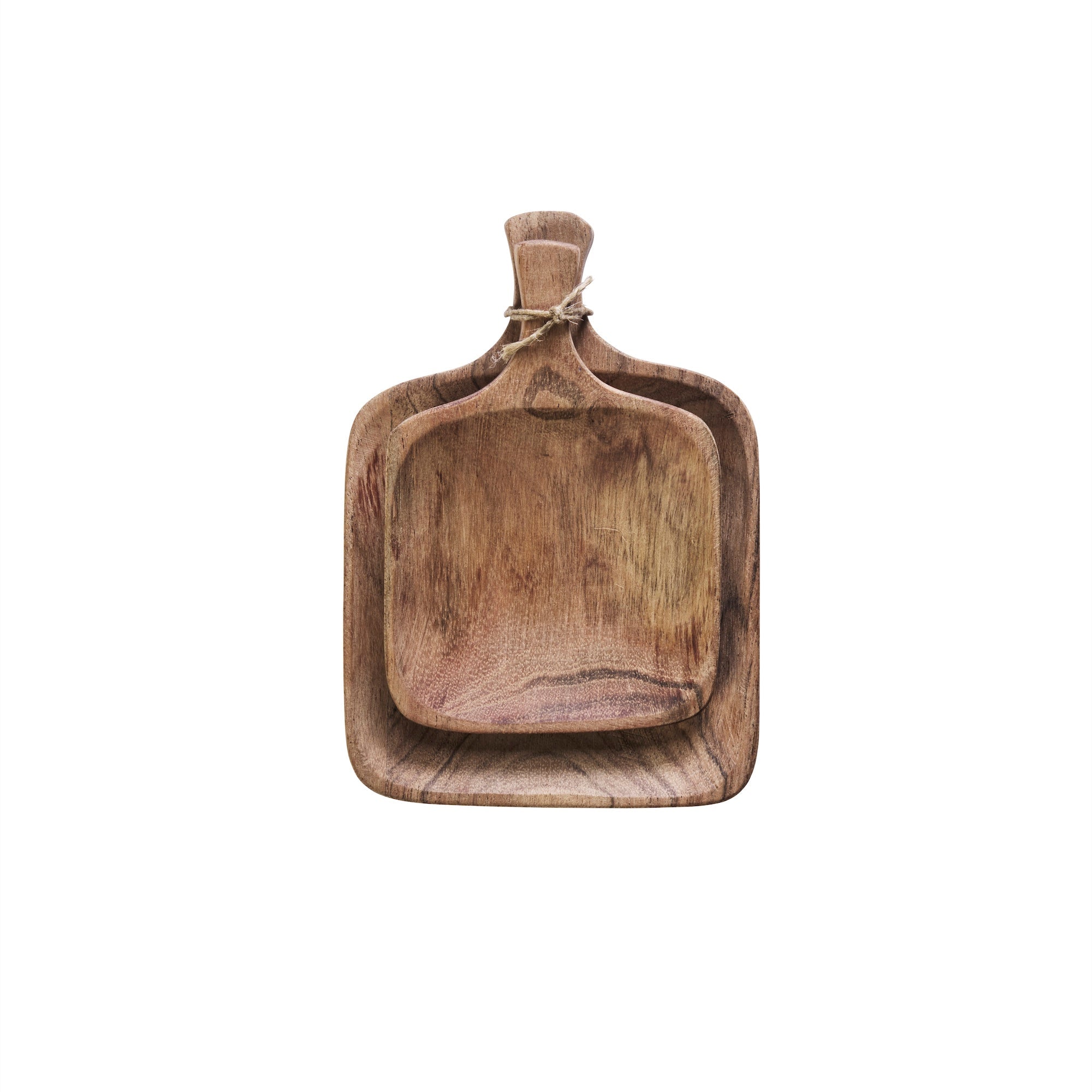 mini acacia wooden trays stacked and tied together, showing unique wood grain
