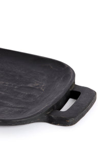 close-up of black mango wood tray handle showing matte finish and wood grain
