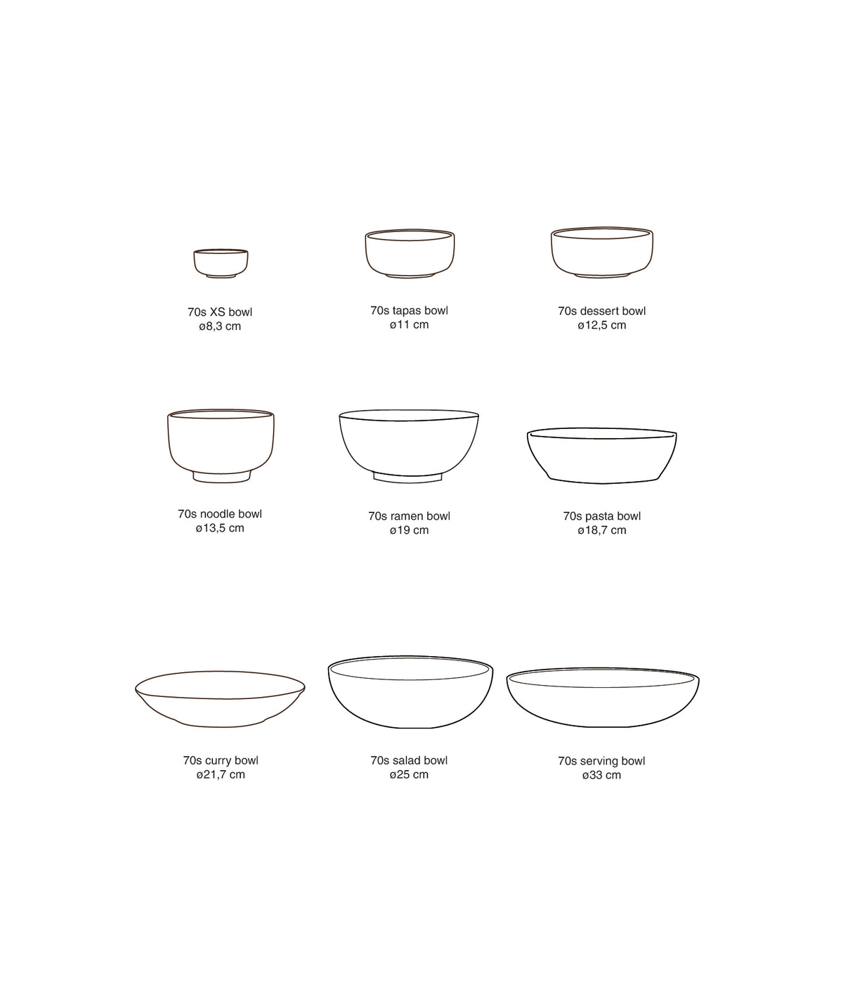 Size comparison diagram of HKLIVING's 70s ceramics bowl range showing relative diameters