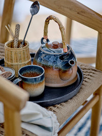Aura blue and brown porcelain cup styled with matching teapot, Bloomingville
