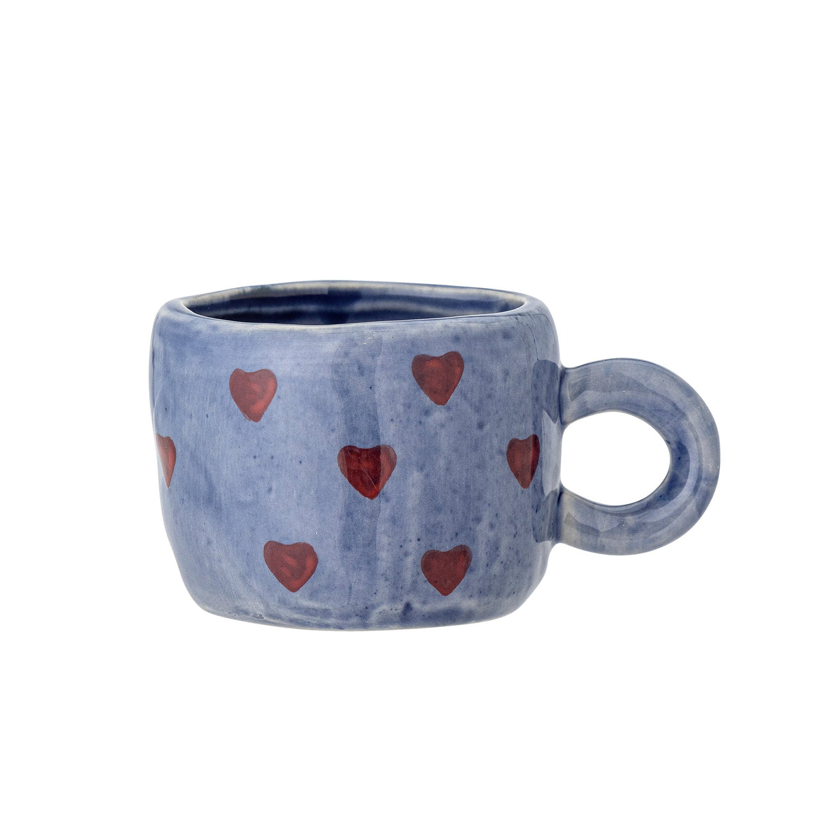 blue stoneware nini cup with red hearts and loop handle