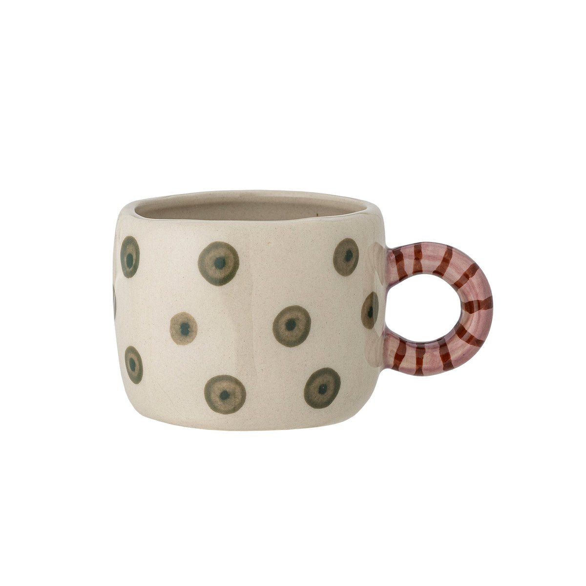 nature nini cup by bloomingville with hand-painted green dots and striped handle