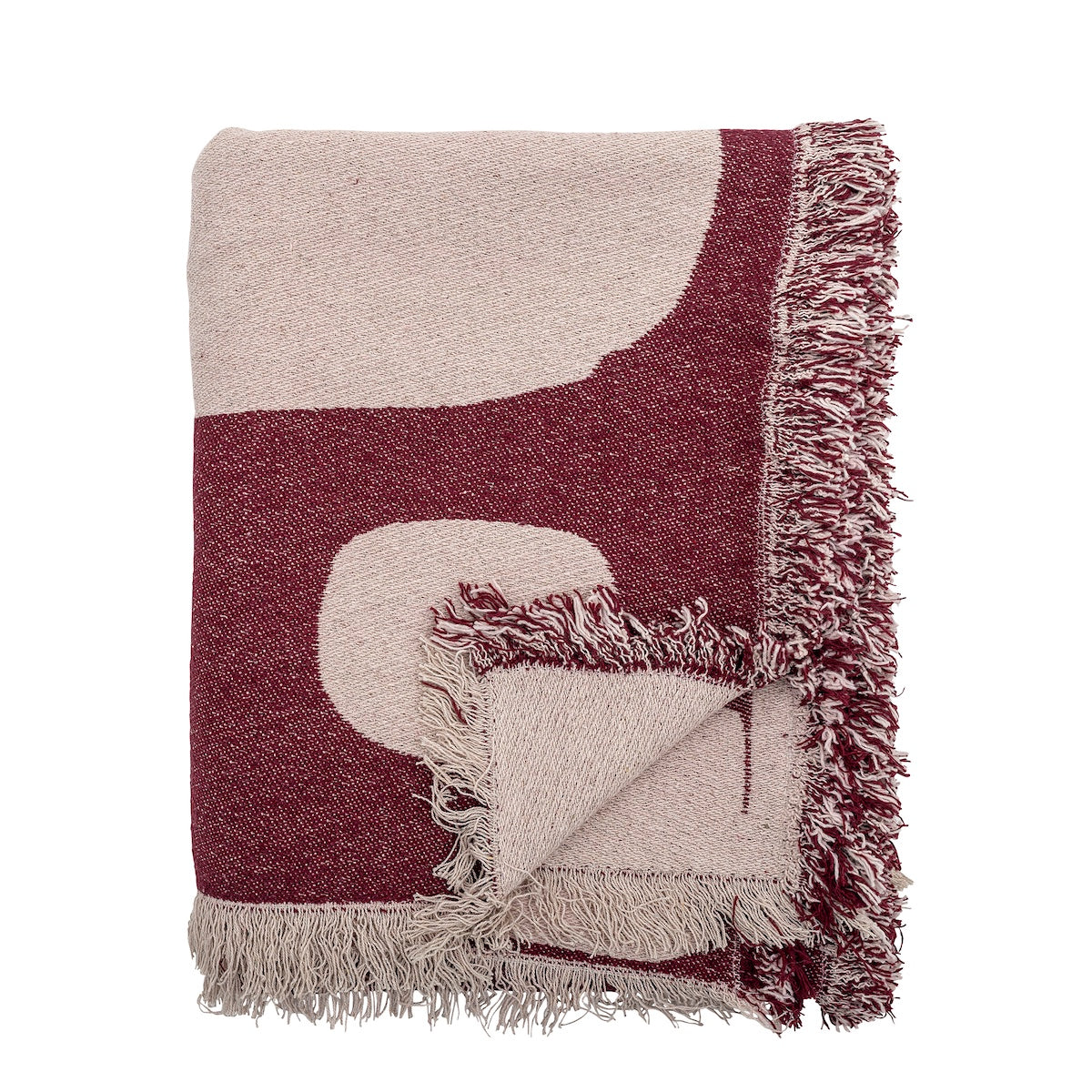 Olica burgundy throw folded showing pattern and fringed edge detail