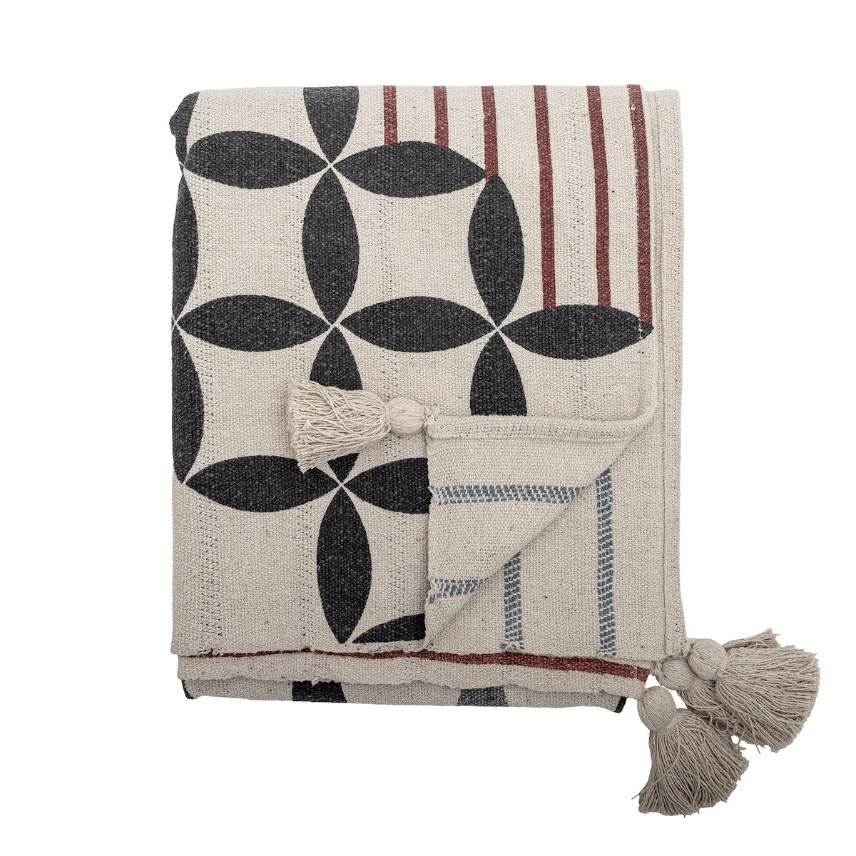 Forma throw folded showing geometric print front and striped reverse