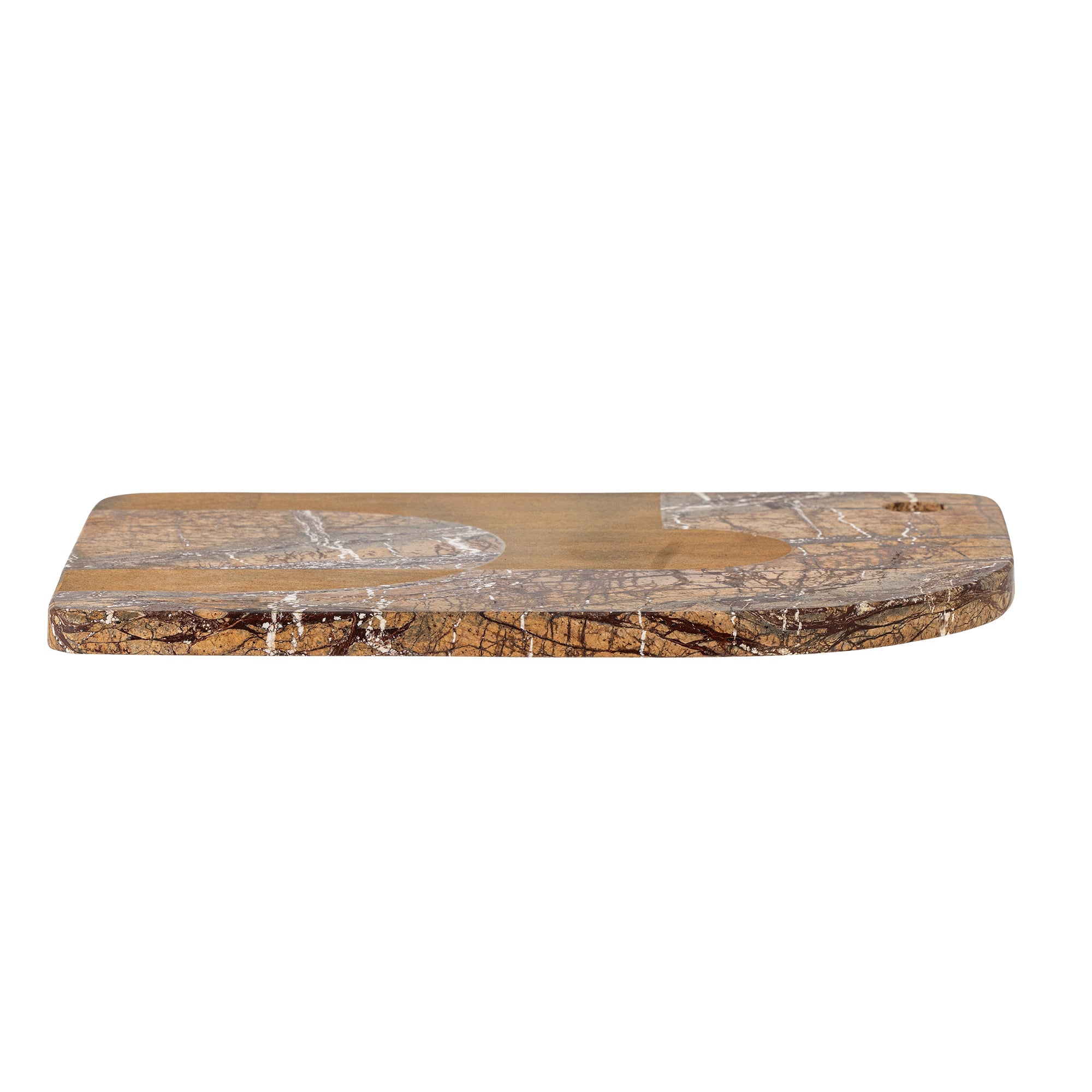 Side profile of the Abrianna marble cutting board showing its polished stone edge and thickness.