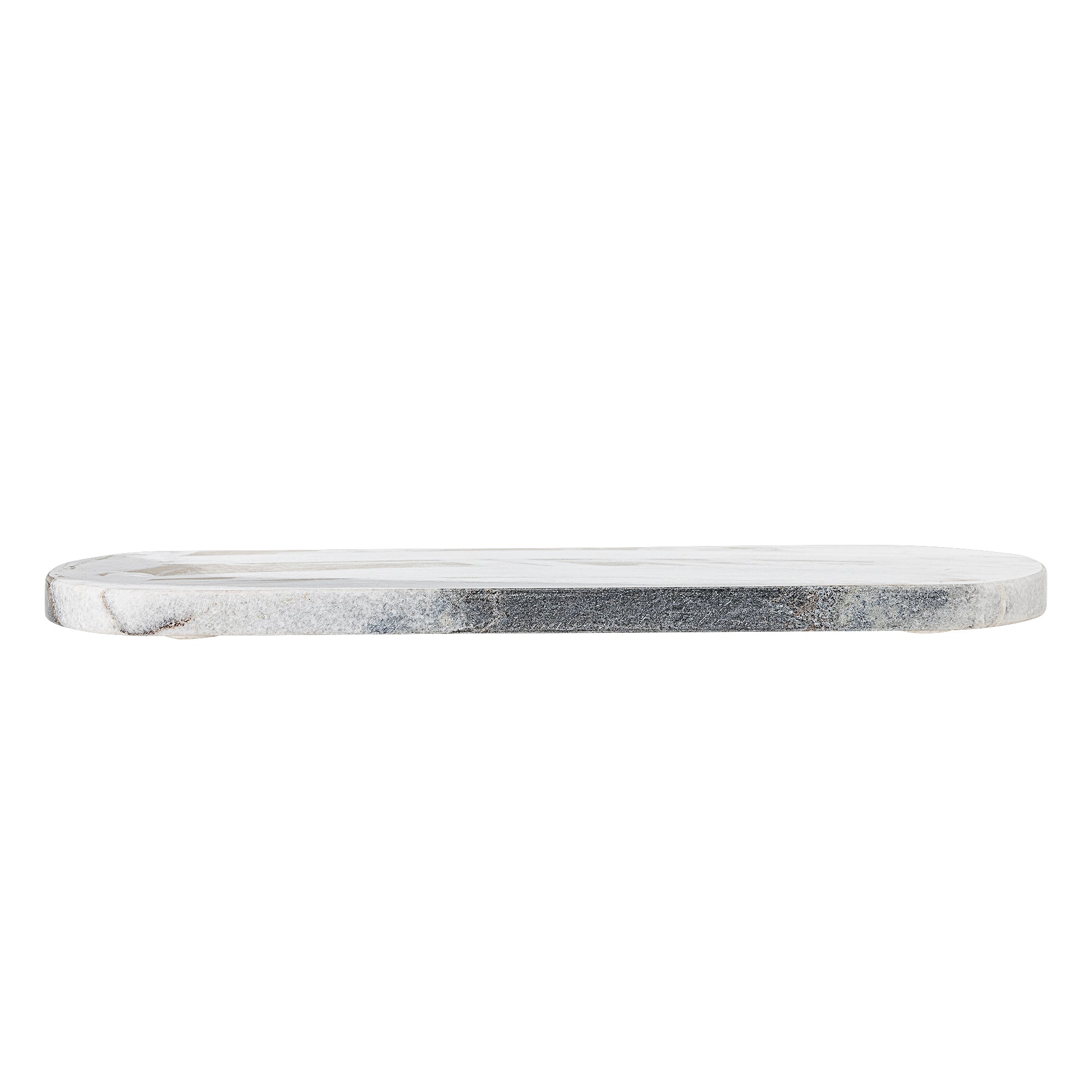 side view of grey marble cutting board showing thickness and polished stone edge
