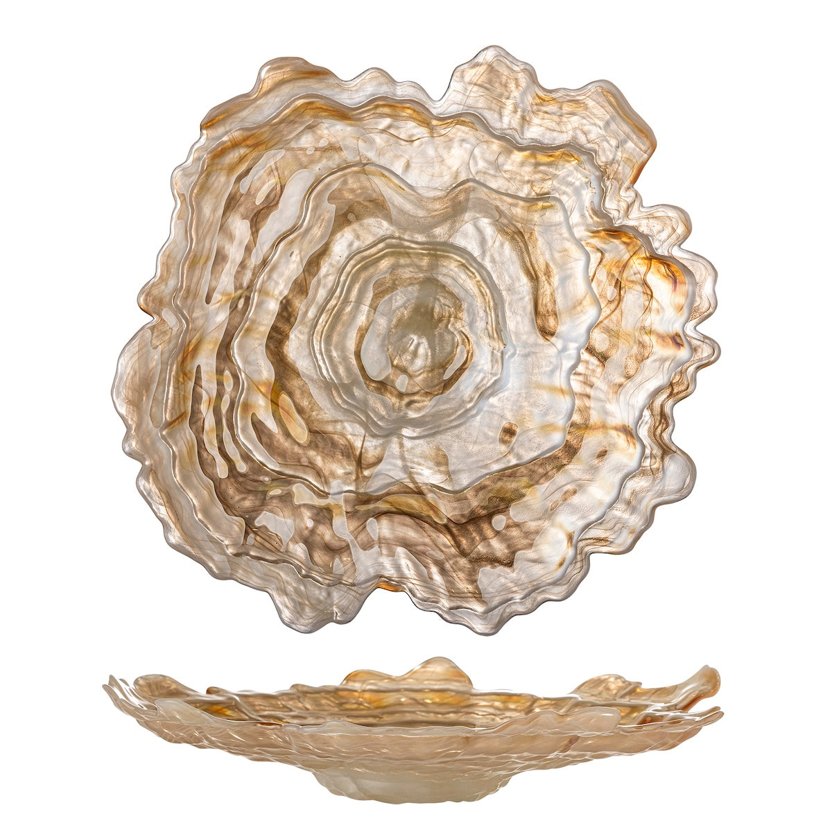 Decorative glass dish with a shell-like design on a white background