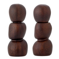 Pair of Salvi dark acacia wood salt and pepper mills with stacked rounded segments on a white background