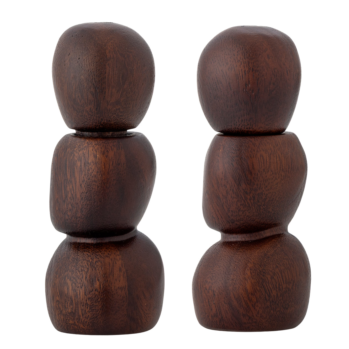 Pair of Salvi dark acacia wood salt and pepper mills with stacked rounded segments on a white background