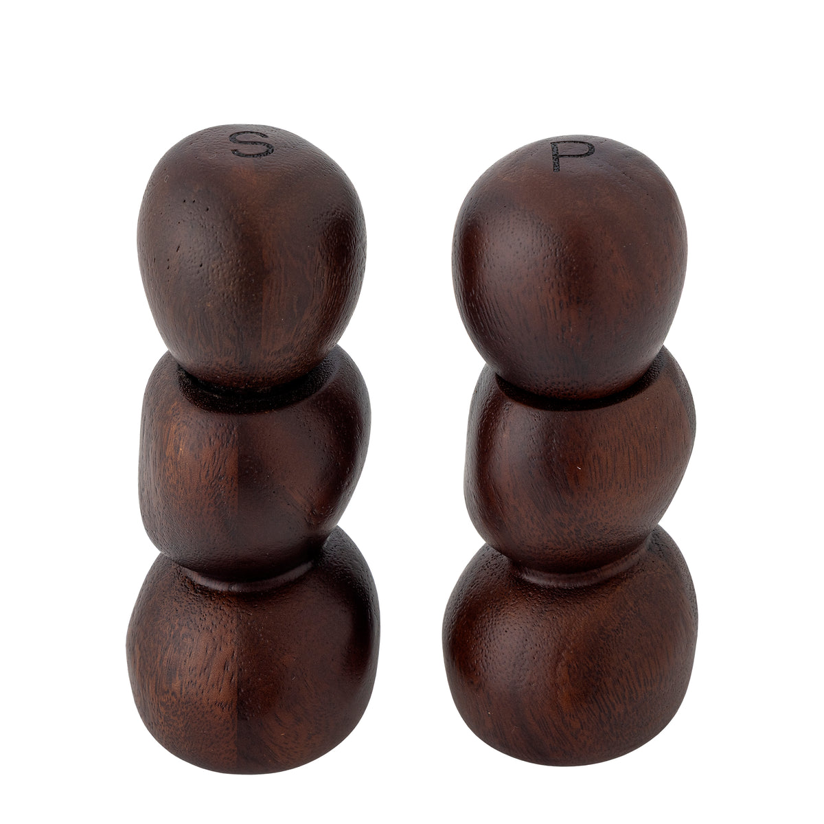 Salvi salt and pepper mills marked with the letters S and P on their tops, on a white background