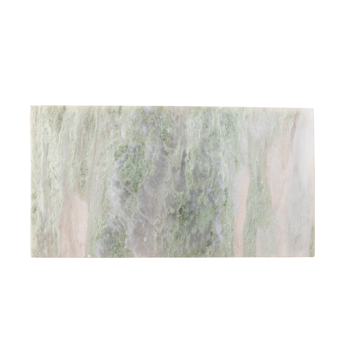 Top-down view of the Keika green marble serving board on a white background, showing its full rectangular shape and grey-green marbling