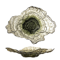 Aiku olive green glass bowl top down and side view showing full oyster shell form