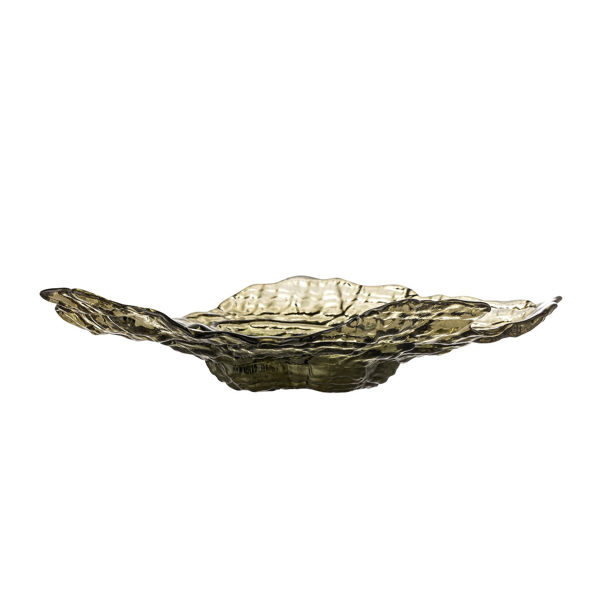 Aiku olive green glass bowl side view showing wavy sculptural edge