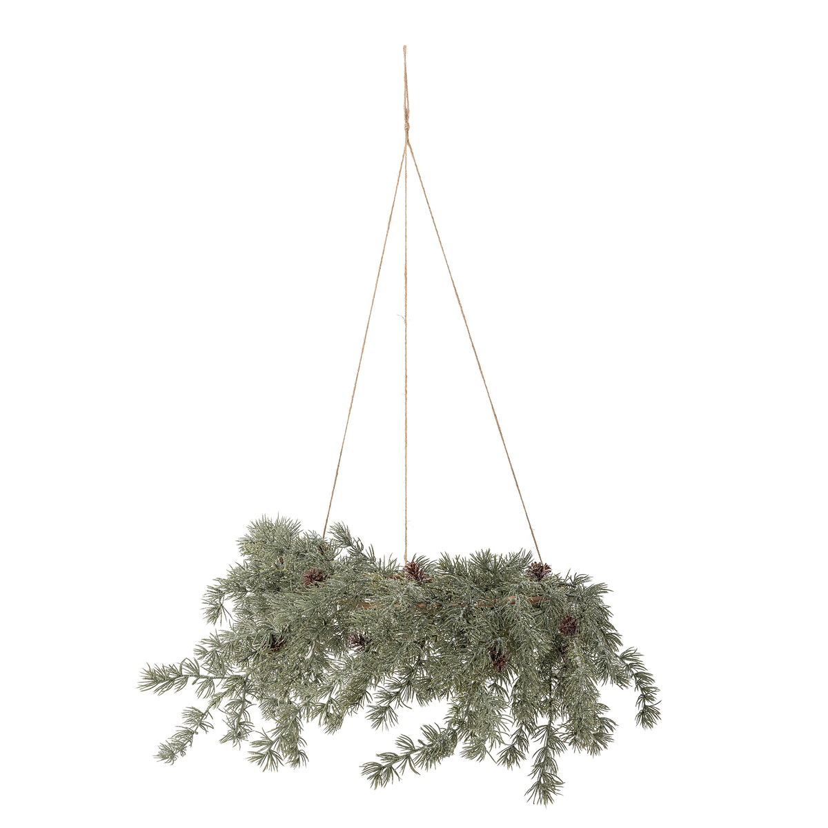 Cedar wreath hanging horizontally from three jute cords, with frosted green branches and pine cones, on a white background