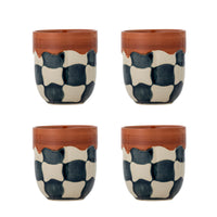 Check cups in blue and cream checkered stoneware with red rim, group of four
