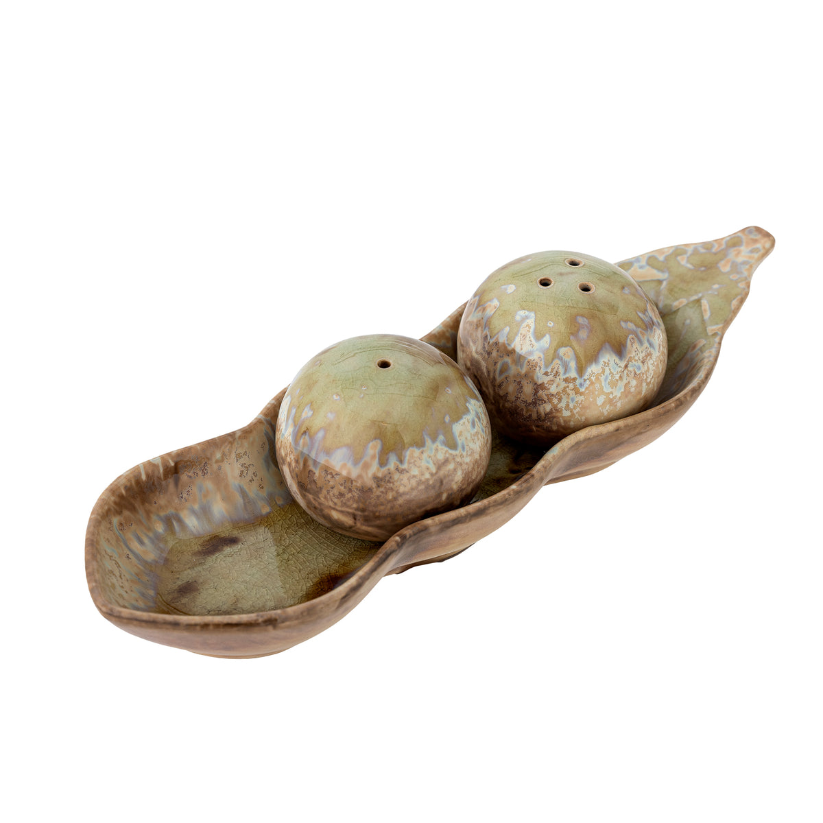 Kayo green stoneware salt and pepper shaker set with pea pod tray photographed at an angle on a white background