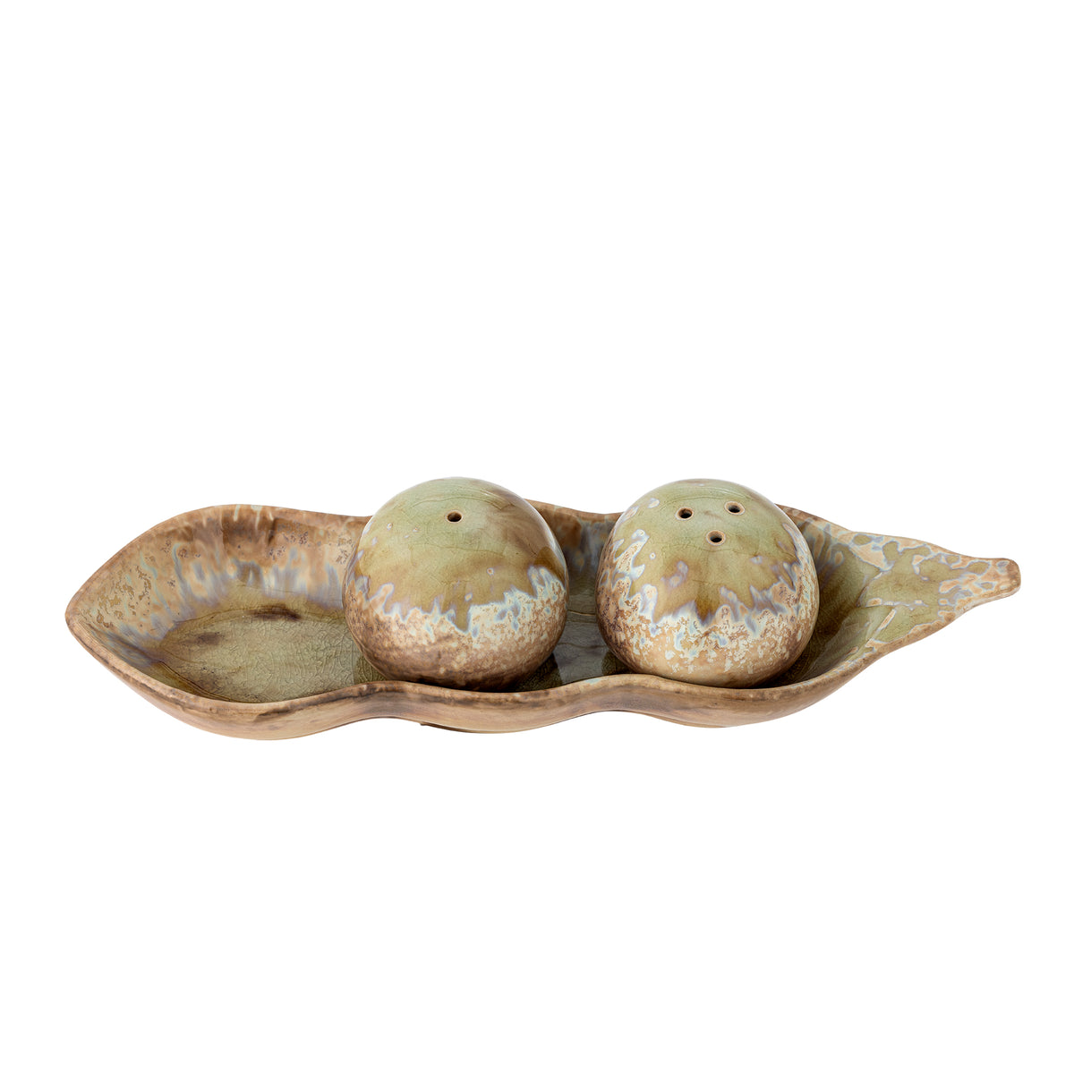 Kayo salt and pepper shaker set from a slightly raised angle, showing the crackled olive green and sand reactive glaze on a white background