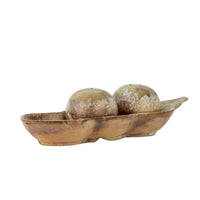 Side profile of the Kayo pea pod tray and shakers, showing the sand and brown glazed outer edge of the tray