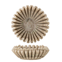 Harmonia beige marble bowl with deep radiating ridges shown from above and from the side on a white background