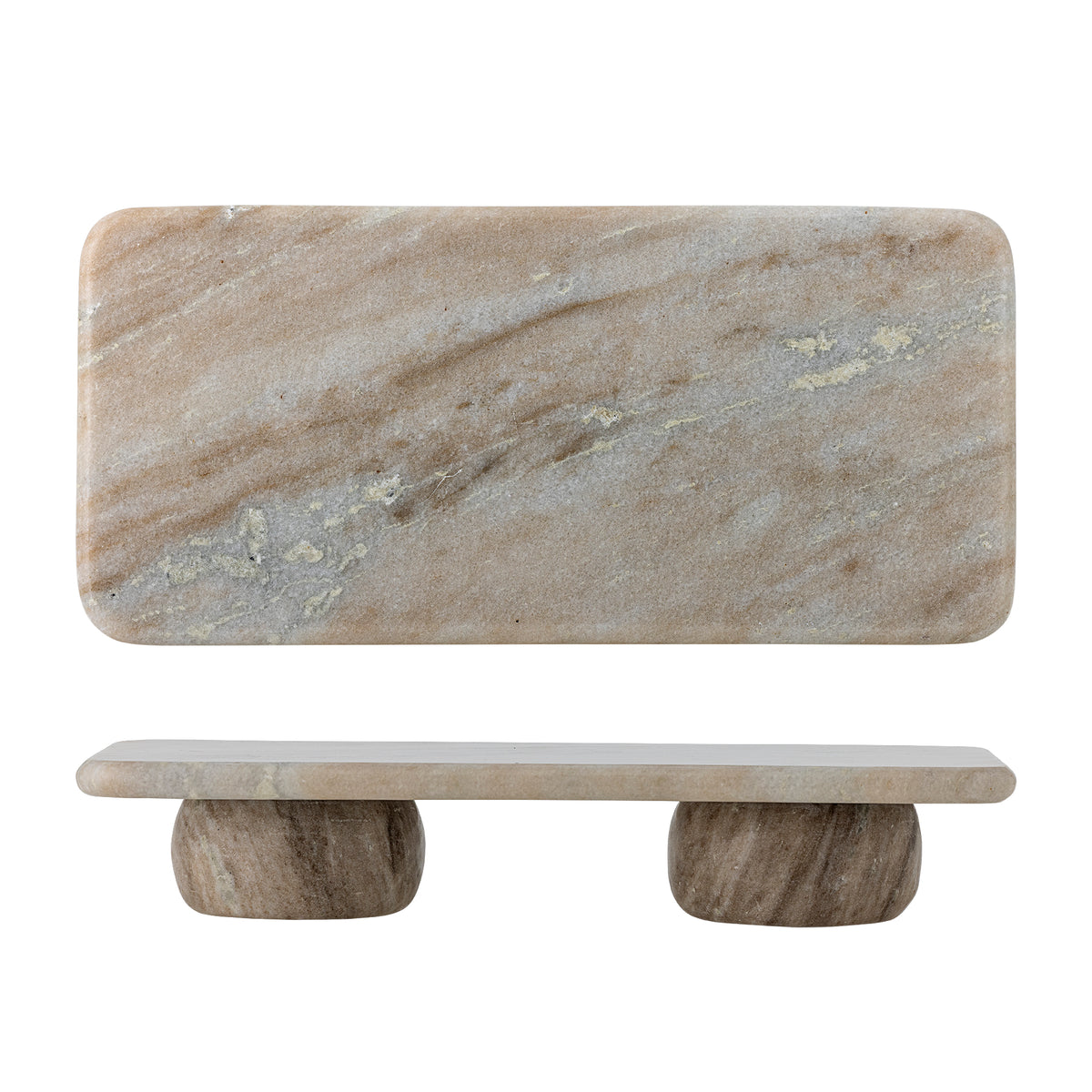 Fatin sand and taupe marble pedestal shown from above and from the side on a white background