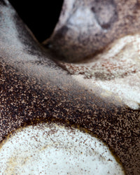 Extreme close-up of the painterly brown and off-white glaze on the handmade House Doctor Expo stoneware vase, showing the unique sponged finish