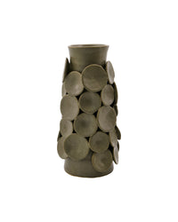 House Doctor Dot handmade stoneware vase in khaki with sculptural overlapping ceramic discs, a tall textural statement for modern interiors