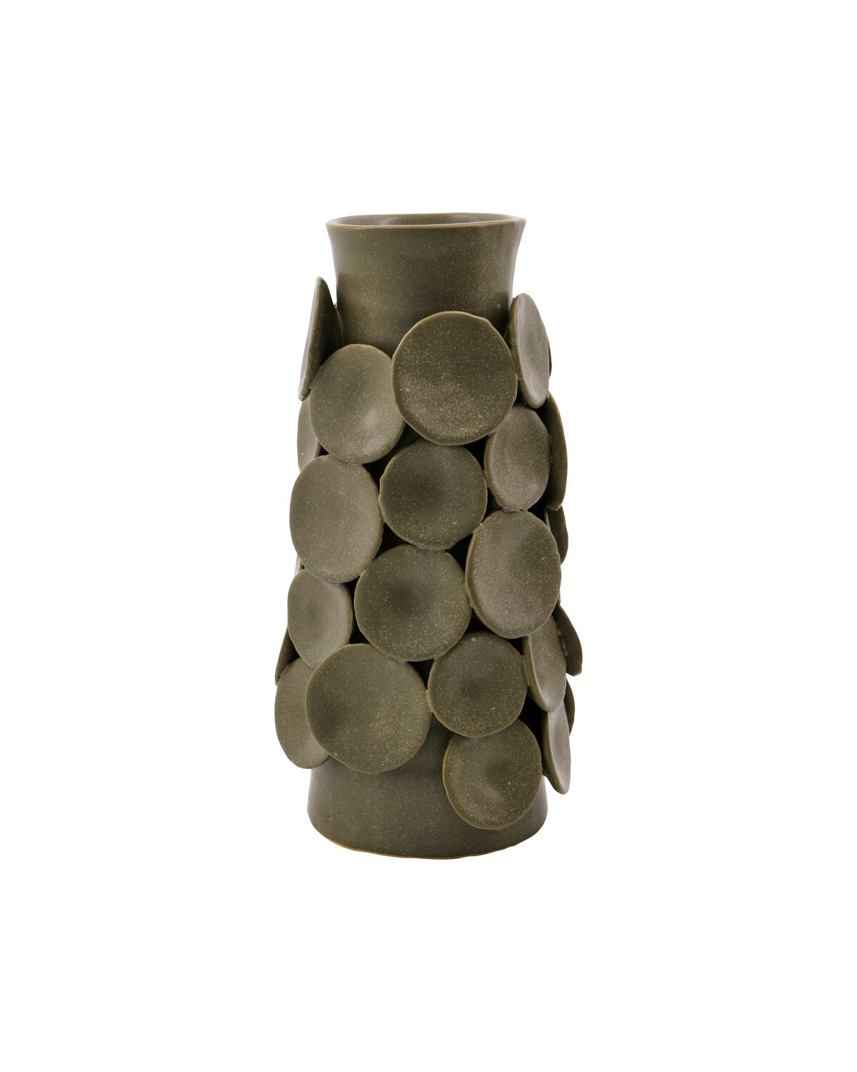 House Doctor Dot handmade stoneware vase in khaki with sculptural overlapping ceramic discs, a tall textural statement for modern interiors