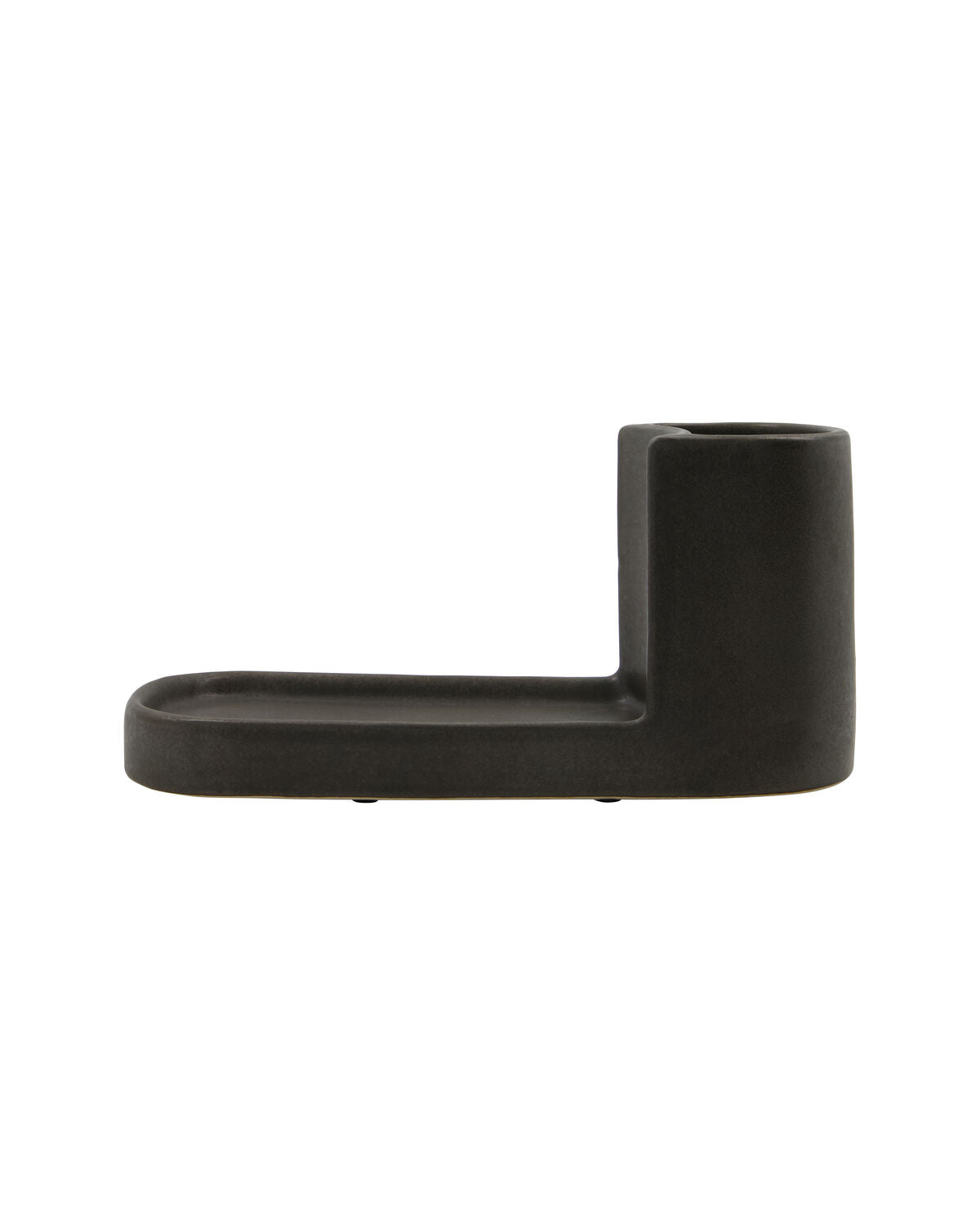 Meraki Datura brush and soap holder in dark grey stoneware, an L-shaped stepped caddy shown on a white background