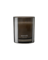 Meraki Velvet Mind scented candle in a smoked grey glass jar, shown unlit against a white background