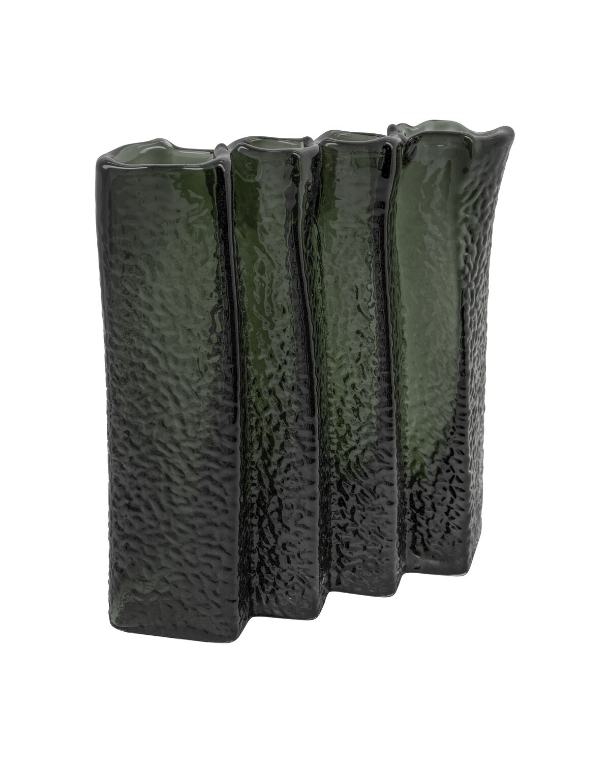 House Doctor Zuri vase in Deep Forest, a ruffled dark green glass vase with four individual sections, shown at an angle against a white background