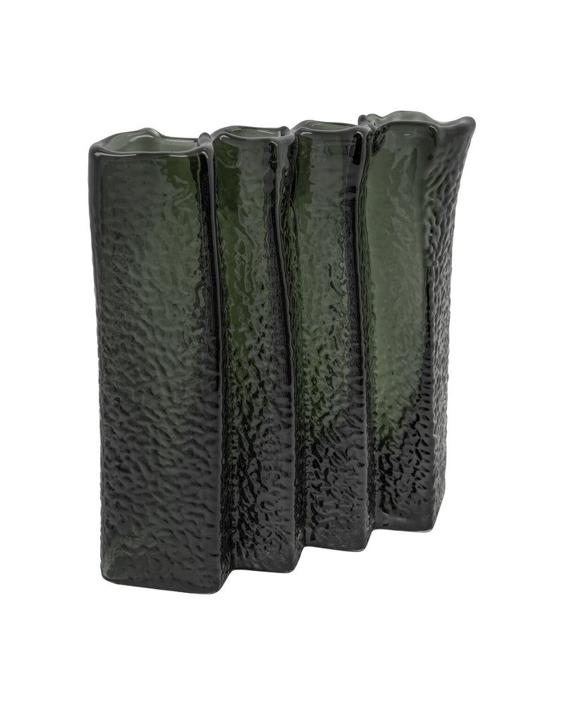 House Doctor Zuri vase in Deep Forest, a ruffled dark green glass vase with four individual sections, shown at an angle against a white background
