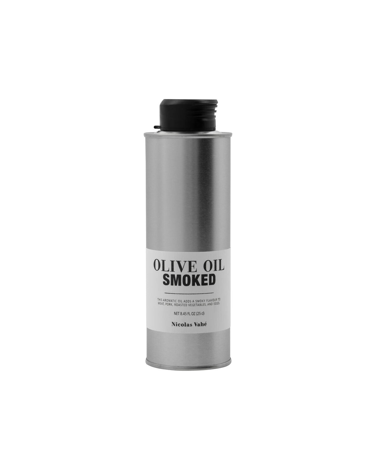Nicolas Vahé Smoked Olive Oil 25 cl brushed aluminium tin on white background