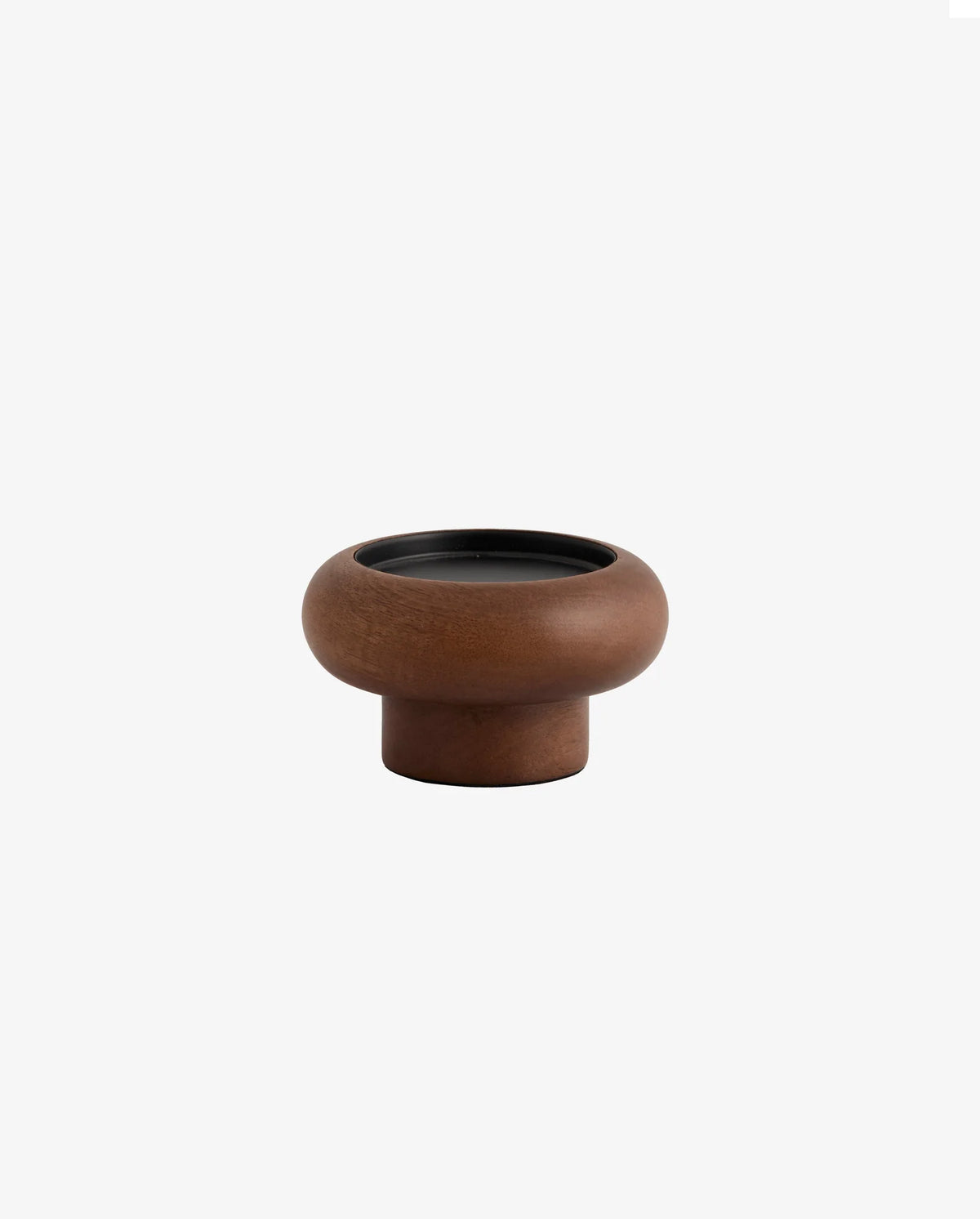 BAWE candle holders in mango wood by Nordal styled on a marble side table with lit pillar candles