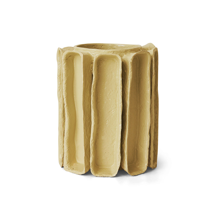 Sculptural ribbed vase in yellow cotton maché by HKLIVING, small